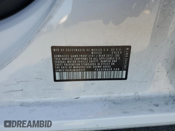 2020 Volkswagen Jetta SEL с VIN 3VWE57BUXLM086335, выставлен на аукционе Copart как лот 59052295 с пробегом 38 484 миль миль и Списание • Salvage title. История ставок и продаж доступна на DreamBid. Изображение 12.