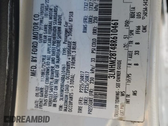 2008 Lincoln MKZ with VIN 3LNHM28T48R610461, listed as a Copart auction lot 48172705 with 169,389 mi miles and Salvage Title. Bid and sale history available at DreamBid. Image 14.