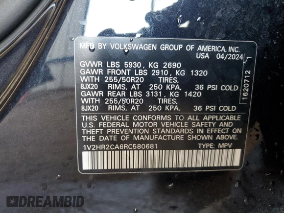 2024 Volkswagen Atlas SE with VIN 1V2HR2CA6RC580681, listed as a Copart auction lot 62478095 with 22,485 mi miles and Clean title. Bid and sale history available at DreamBid. Image 14.