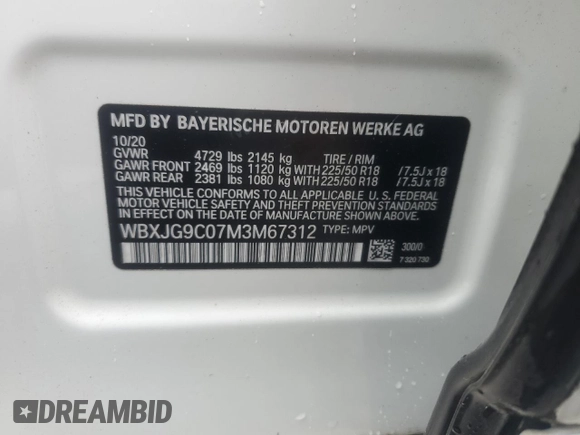 2021 BMW X1 xDrive28i with VIN WBXJG9C07M3M67312, listed as a Copart auction lot 59712835 with 62,371 mi miles and Salvage title. Bid and sale history available at DreamBid. Image 14.