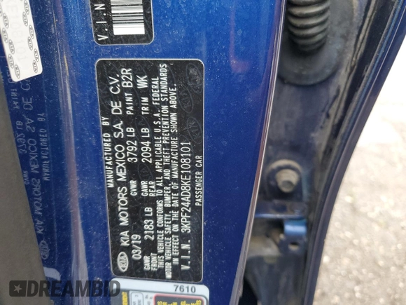 2019 Kia Forte LXS with VIN 3KPF24AD8KE108101, listed as a Copart auction lot 62130525 with 83,681 mi miles and Clean title. Bid and sale history available at DreamBid. Image 12.