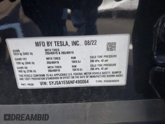 2022 Tesla Model S z VIN 5YJSA1E56NF490064, wystawiony jako IAAI lot #41858477 z przebiegiem Nie podano mil oraz . Historia ofert i sprzedaży dostępna na DreamBid. Obrazek 9.