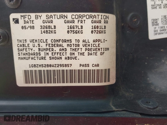 1998 Saturn SL с VIN 1G8ZH5280WZ295857, выставлен на аукционе IAAI как лот 42238789 с пробегом 153 163 миль миль и . История ставок и продаж доступна на DreamBid. Изображение 9.