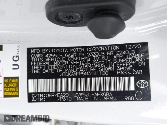 2021 Toyota Prius LE with VIN JTDKAMFP5M3181120, listed as a IAAI auction lot 41623588 with 83,809 mi miles and . Bid and sale history available at DreamBid. Image 9.