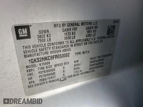 2015 GMC Yukon XL SLT with VIN 1GKS2HKC8FR650082, listed as a Copart auction lot 45049375 with 222,200 mi miles and Salvage Title. Bid and sale history available at carsss.com. Image 14.