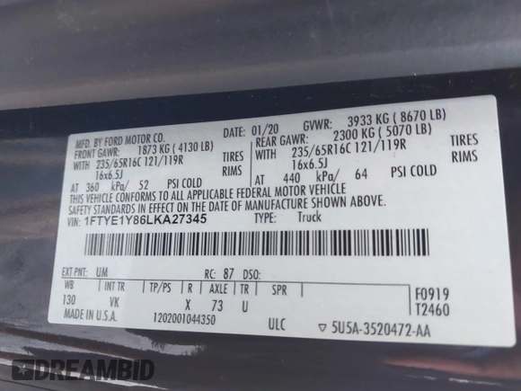 2020 Ford Transit Cargo with VIN 1FTYE1Y86LKA27345, listed as a IAAI auction lot 42577599 with 67,182 mi miles and . Bid and sale history available at DreamBid. Image 9.