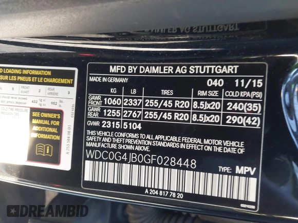 2016 Mercedes-Benz GLC 300 with VIN WDC0G4JB0GF028448, listed as a IAAI auction lot 41891040 with 122,980 mi miles and . Bid and sale history available at DreamBid. Image 9.