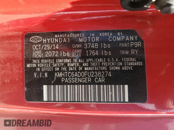 2015 Hyundai Veloster with VIN KMHTC6AD0FU238274, listed as a Copart auction lot 65181205 with 143,112 mi miles and Clean title. Bid and sale history available at DreamBid. Image 12.