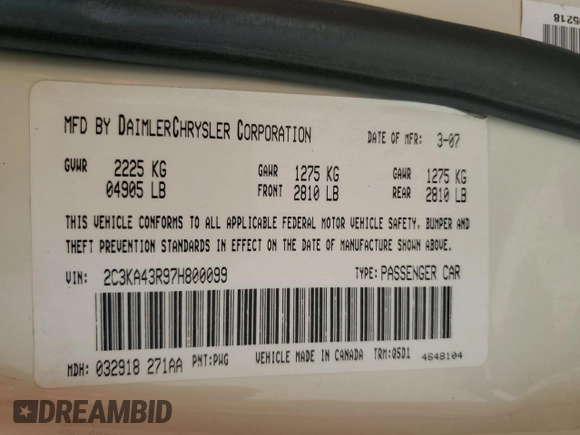2007 Chrysler 300 with VIN 2C3KA43R97H800099, listed as a Copart auction lot 53232215 with 177,794 mi miles and Salvage Title. Bid and sale history available at DreamBid. Image 12.