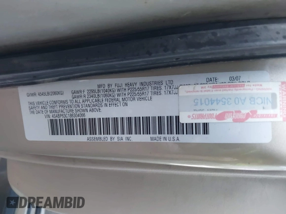 2008 Subaru Outback XT Limited with VIN 4S4BP63C186304066, listed as a IAAI auction lot 41193892 with 219,516 mi miles and . Bid and sale history available at DreamBid. Image 9.