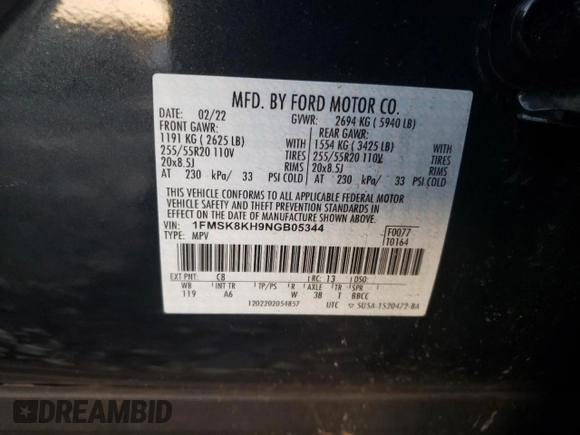 2022 Ford Explorer ST-Line with VIN 1FMSK8KH9NGB05344, listed as a Copart auction lot 86630064 with 25,775 mi miles and Salvage Title. Bid and sale history available at carsss.com. Image 14.