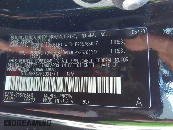 2023 Toyota Sienna XLE with VIN 5TDJSKFC7PS091741, listed as a IAAI auction lot 40979834 with 49,285 mi miles. Bid and sale history available at carsss.com. Image 9.
