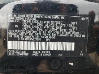 2012 Toyota RAV4 Limited with VIN 2T3DF4DV6CW221681, listed as a Copart auction lot 60923695 with 129,300 mi miles and Salvage title. Bid and sale history available at DreamBid. Image 12.