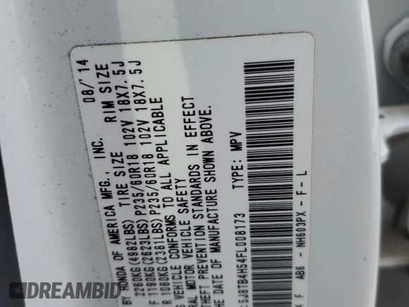2015 Acura RDX Tech Pkg with VIN 5J8TB4H54FL008173, listed as a Copart auction lot 51183155 with 104,142 mi miles and Salvage Title. Bid and sale history available at carsss.com. Image 12.