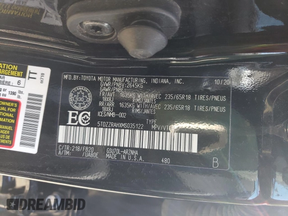 2021 Toyota Highlander L with VIN 5TDZZRAHXMS035122, listed as a Copart auction lot 48061505 with 105,773 mi miles and Clean title. Bid and sale history available at DreamBid. Image 14.