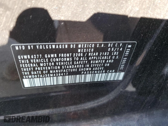 2014 Volkswagen Jetta SE with VIN 3VWD07AJ3EM438417, listed as a Copart auction lot 66203215 with 160,121 mi miles and Clean title. Bid and sale history available at DreamBid. Image 12.