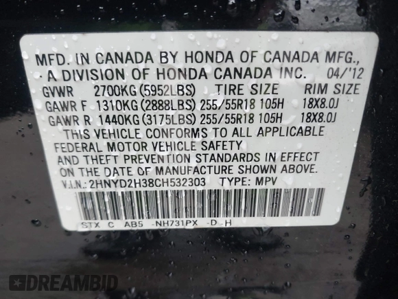 2012 Acura MDX Tech Pkg with VIN 2HNYD2H38CH532303, listed as a IAAI auction lot 41800831 with 174,086 mi miles. Bid and sale history available at carsss.com. Image 9.