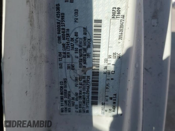 2005 Ford Econoline Cargo with VIN 1FTSS34L05HA75928, listed as a Copart auction lot 49112285 with Not Provided miles and Salvage Title. Bid and sale history available at DreamBid. Image 14.