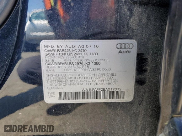 2011 Audi Q5 Premium Plus z VIN WA1LFAFP2BA017072, wystawiony jako Copart lot #58559215 z przebiegiem Nie podano mil oraz Czysty tytuł • Clean title. Historia ofert i sprzedaży dostępna na DreamBid. Obrazek 14.