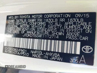 2015 Toyota Prius One with VIN JTDKDTB34F1112714, listed as a IAAI auction lot 42019567 with 163,411 mi miles and . Bid and sale history available at carsss.com. Image 9.