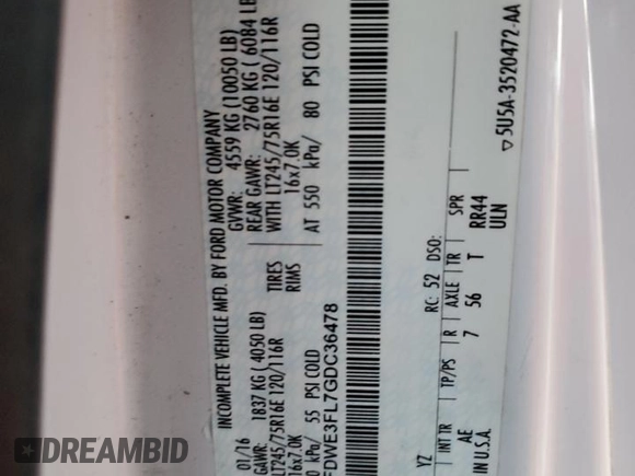 2016 Ford Econoline Commercial z VIN 1FDWE3FL7GDC36478, wystawiony jako Copart lot #86727284 z przebiegiem Nie podano mil oraz Szkoda całkowita • Salvage title. Historia ofert i sprzedaży dostępna na DreamBid. Obrazek 12.