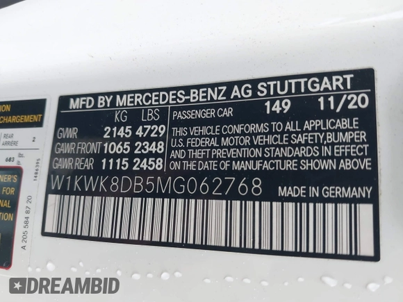 2021 Mercedes-Benz C 300 with VIN W1KWK8DB5MG062768, listed as a IAAI auction lot 41871307 with 36,538 mi miles and . Bid and sale history available at DreamBid. Image 9.