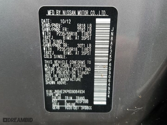 2013 Nissan Quest S with VIN JN8AE2KP6D9064934, listed as a Copart auction lot 42793525 with NaN miles and Salvage Title. Bid and sale history available at carsss.com. Image 13.