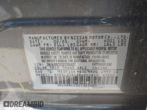 2025 Nissan Sentra SV with VIN 3N1AB8CV3SY304407, listed as a IAAI auction lot 42218704 with 8,854 mi miles and . Bid and sale history available at DreamBid. Image 9.