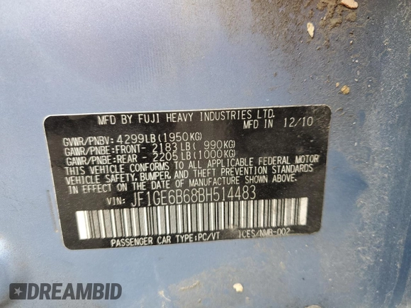 2011 Subaru Impreza Premium with VIN JF1GE6B68BH514483, listed as a Copart auction lot 54507215 with 153,329 mi miles and Salvage title. Bid and sale history available at DreamBid. Image 12.