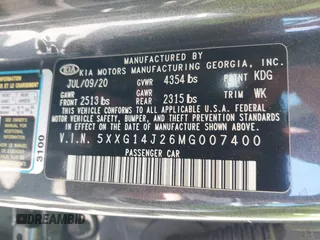 2021 Kia K5 LXS with VIN 5XXG14J26MG007400, listed as a IAAI auction lot 41989415 with 74,080 mi miles. Bid and sale history available at carsss.com. Image 9.