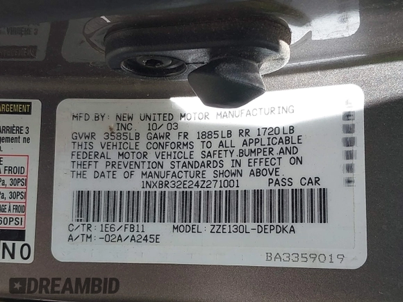 2004 Toyota Corolla CE with VIN 1NXBR32E24Z271001, listed as a IAAI auction lot 42184857 with 156,798 mi miles and . Bid and sale history available at DreamBid. Image 9.