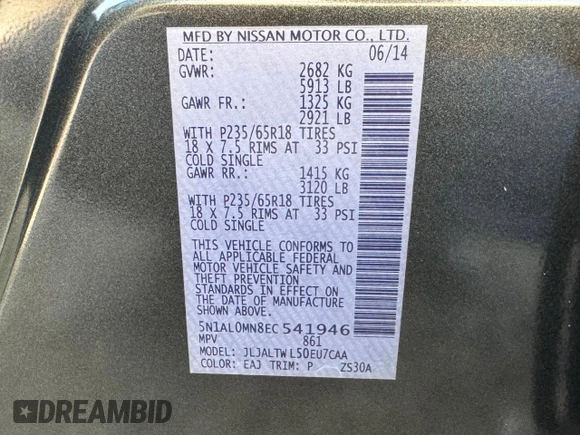 2014 Infiniti QX60 with VIN 5N1AL0MN8EC541946, listed as a Copart auction lot 64878725 with 138,680 mi miles and Clean title. Bid and sale history available at DreamBid. Image 10.