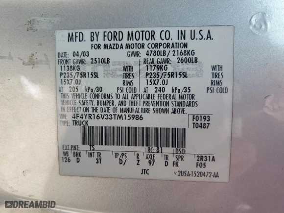 2003 Mazda B-Series 2WD Truck DS with VIN 4F4YR16V33TM15986, listed as a Copart auction lot 80790414 with 135,222 mi miles and Salvage Title. Bid and sale history available at carsss.com. Image 13.
