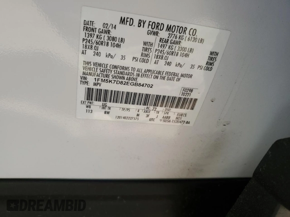 2014 Ford Explorer XLT z VIN 1FM5K7D82EGB84702, wystawiony jako Copart lot #58952895 z przebiegiem 136 753 mil mil oraz Szkoda całkowita • Salvage title. Historia ofert i sprzedaży dostępna na DreamBid. Obrazek 14.