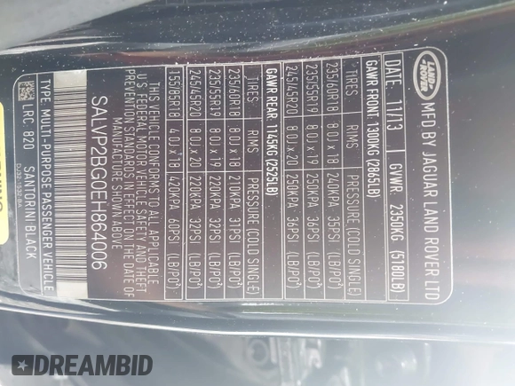2014 Land Rover Range Rover Evoque Pure Plus with VIN SALVP2BG0EH864006, listed as a IAAI auction lot 42508072 with 132,434 mi miles and . Bid and sale history available at DreamBid. Image 9.