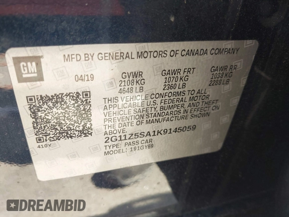 2019 Chevrolet Impala LT with VIN 2G11Z5SA1K9145059, listed as a IAAI auction lot 41882686 with Not Provided miles and . Bid and sale history available at DreamBid. Image 9.
