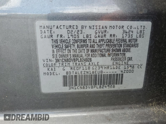 2023 Nissan Versa S with VIN 3N1CN8DV8PL824928, listed as a Copart auction lot 58486015 with Not provided miles and Salvage title. Bid and sale history available at DreamBid. Image 12.