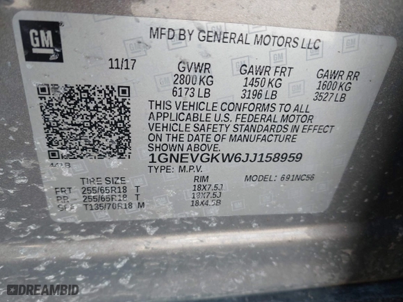 2018 Chevrolet Traverse LT Cloth with VIN 1GNEVGKW6JJ158959, listed as a IAAI auction lot 41491806 with 110,445 mi miles. Bid and sale history available at carsss.com. Image 9.