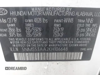 2019 Hyundai Santa Fe Ultimate with VIN 5NMS53AA2KH106648, listed as a IAAI auction lot 41179630 with 108,240 mi miles. Bid and sale history available at carsss.com. Image 9.