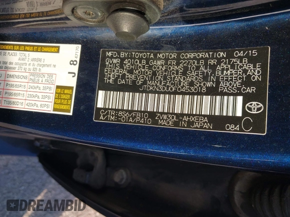 2015 Toyota Prius Four with VIN JTDKN3DU0F0453018, listed as a IAAI auction lot 41309334 with 112,565 mi miles. Bid and sale history available at carsss.com. Image 9.