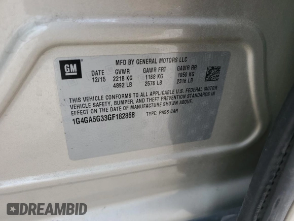2016 Buick LaCrosse with VIN 1G4GA5G33GF182868, listed as a Copart auction lot 86427914 with 97,800 mi miles and Salvage title. Bid and sale history available at DreamBid. Image 13.