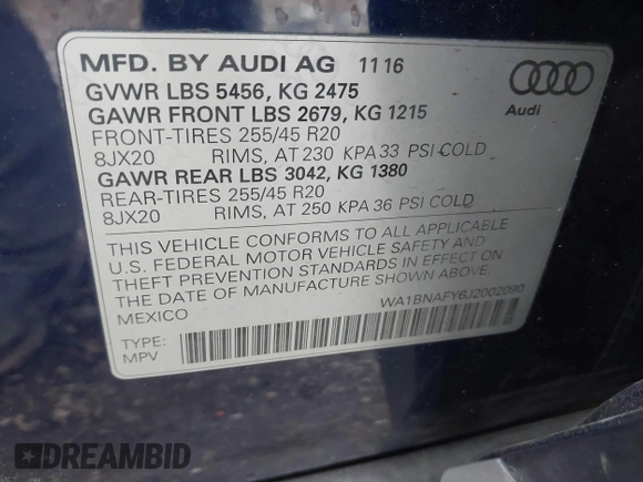 2018 Audi Q5 Premium Plus with VIN WA1BNAFY6J2002090, listed as a IAAI auction lot 41653345 with 127,292 mi miles. Bid and sale history available at carsss.com. Image 9.