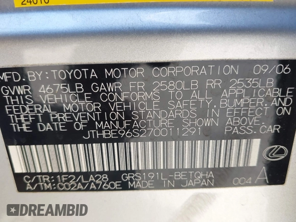 2007 Lexus GS 350 z VIN JTHBE96S270011291, wystawiony jako IAAI lot #42334634 z przebiegiem 119 685 mil mil oraz . Historia ofert i sprzedaży dostępna na DreamBid. Obrazek 9.