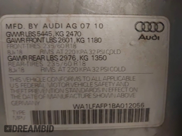 2011 Audi Q5 Premium Plus with VIN WA1LFAFP1BA012056, listed as a IAAI auction lot 41552117 with 119,285 mi miles and . Bid and sale history available at DreamBid. Image 9.