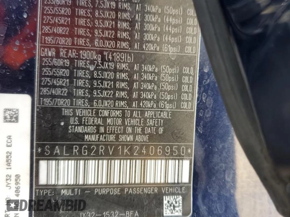 2019 Land Rover Discovery SE with VIN SALRG2RV1K2406950, listed as a Copart auction lot 82779224 with 85,354 mi miles and Salvage Title. Bid and sale history available at DreamBid. Image 14.