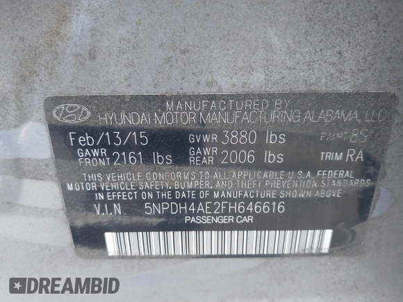 2015 Hyundai Elantra SE with VIN 5NPDH4AE2FH646616, listed as a IAAI auction lot 42101176 with 105,434 mi miles and . Bid and sale history available at DreamBid. Image 9.
