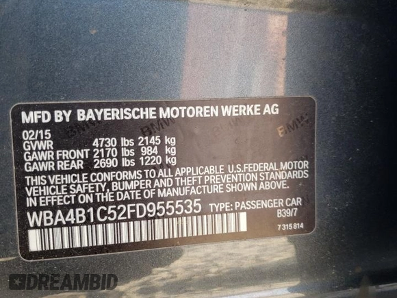 2015 BMW 4 Series 435i with VIN WBA4B1C52FD955535, listed as a Copart auction lot 51576645 with 145,204 mi miles and Salvage Title. Bid and sale history available at carsss.com. Image 12.