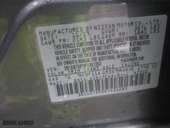 2019 Nissan Sentra S with VIN 3N1AB7AP2KY451283, listed as a IAAI auction lot 41775863 with 104,419 mi miles. Bid and sale history available at carsss.com. Image 9.
