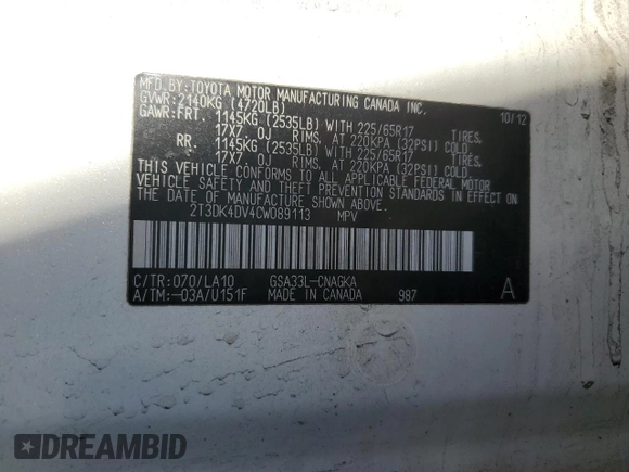 2012 Toyota RAV4 Limited with VIN 2T3DK4DV4CW089113, listed as a Copart auction lot 54670065 with 134,631 mi miles and Salvage Title. Bid and sale history available at carsss.com. Image 12.