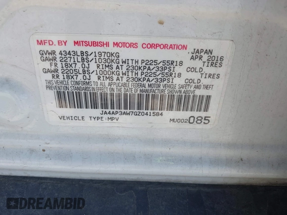 2016 Mitsubishi Outlander SE with VIN JA4AP3AW7GZ041584, listed as a IAAI auction lot 41911773 with 142,771 mi miles and . Bid and sale history available at DreamBid. Image 9.